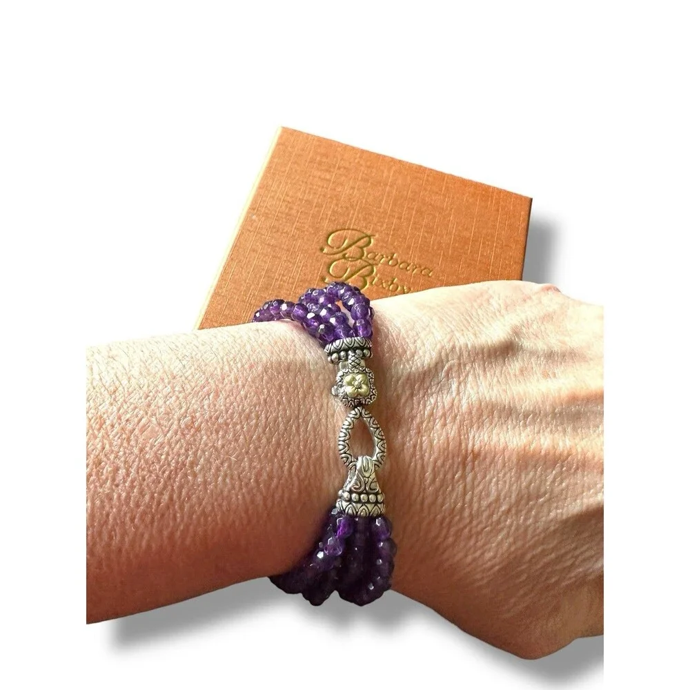 BRACELET BARBARA BIXBY AMETHYST GEMSTONE  FLOWER Multi-Strand SS 18K Box & Pouch
